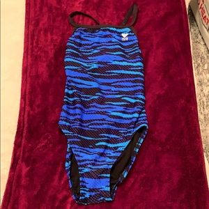 Blue and black swimmer swim suit
